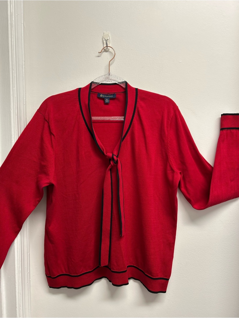 Brooks Brothers Red Cotton Tie Neck Sweater with black trim